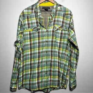 Exofficio Men ButtoN Down Shirt XL Green Plaid Long Sleeve Nylon Outdoor Gorpcor